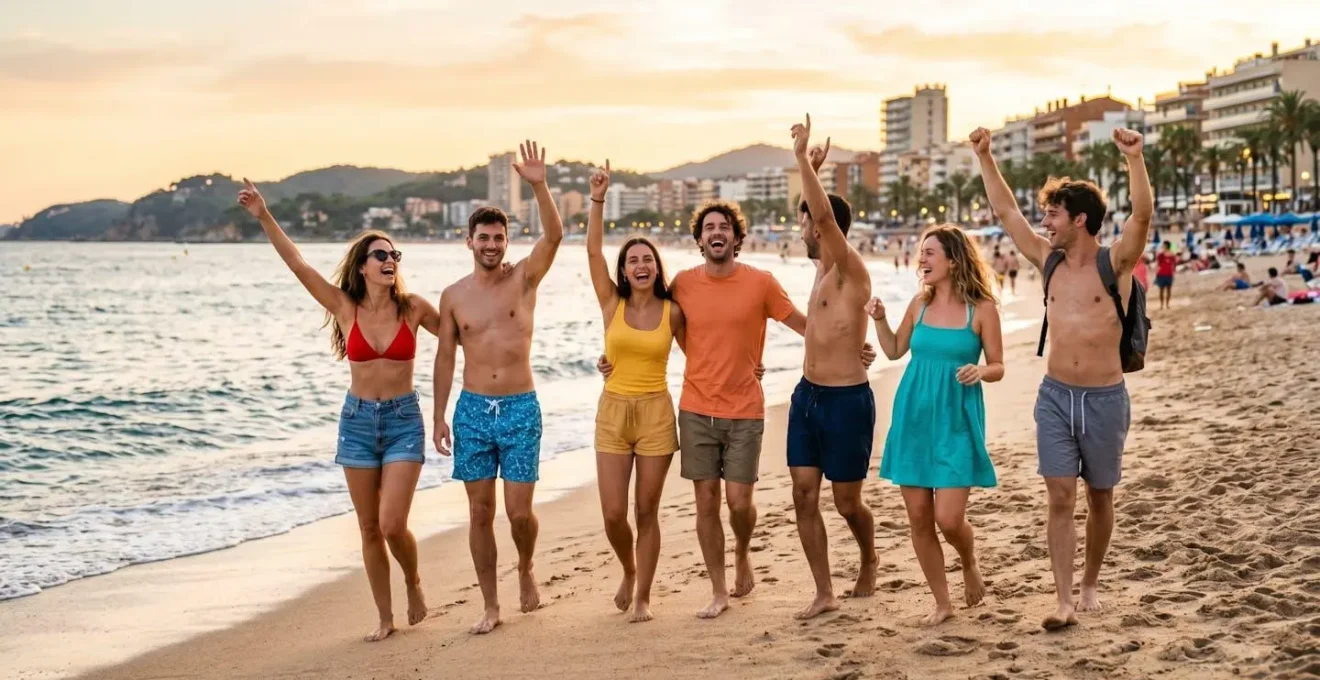 Gruppo di giovani amici che camminano felici sulla spiaggia di Lloret de Mar al tramonto, braccia alzate in segno di festa