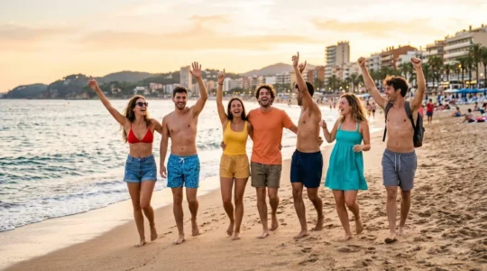 Gruppo di giovani amici che camminano felici sulla spiaggia di Lloret de Mar al tramonto, braccia alzate in segno di festa