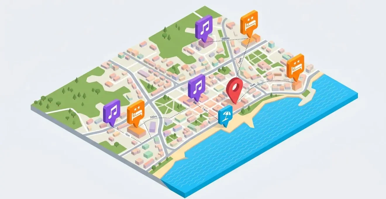 Mappa isometrica 3D di Lloret de Mar che mostra la posizione strategica di discoteche, party hotel e spiaggia con distanze indicate