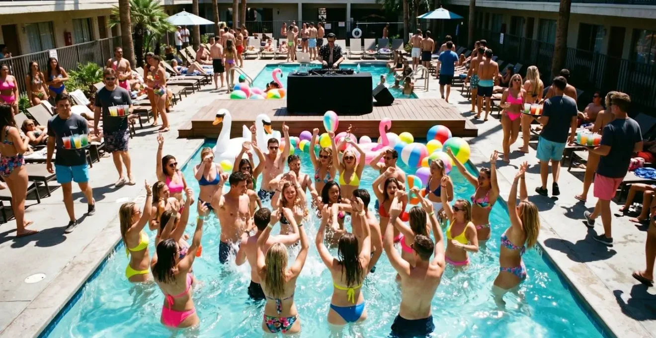 Pool party animata in un party hotel di Lloret de Mar con decine di giovani che ballano in piscina, DJ e atmosfera festiva sotto il sole