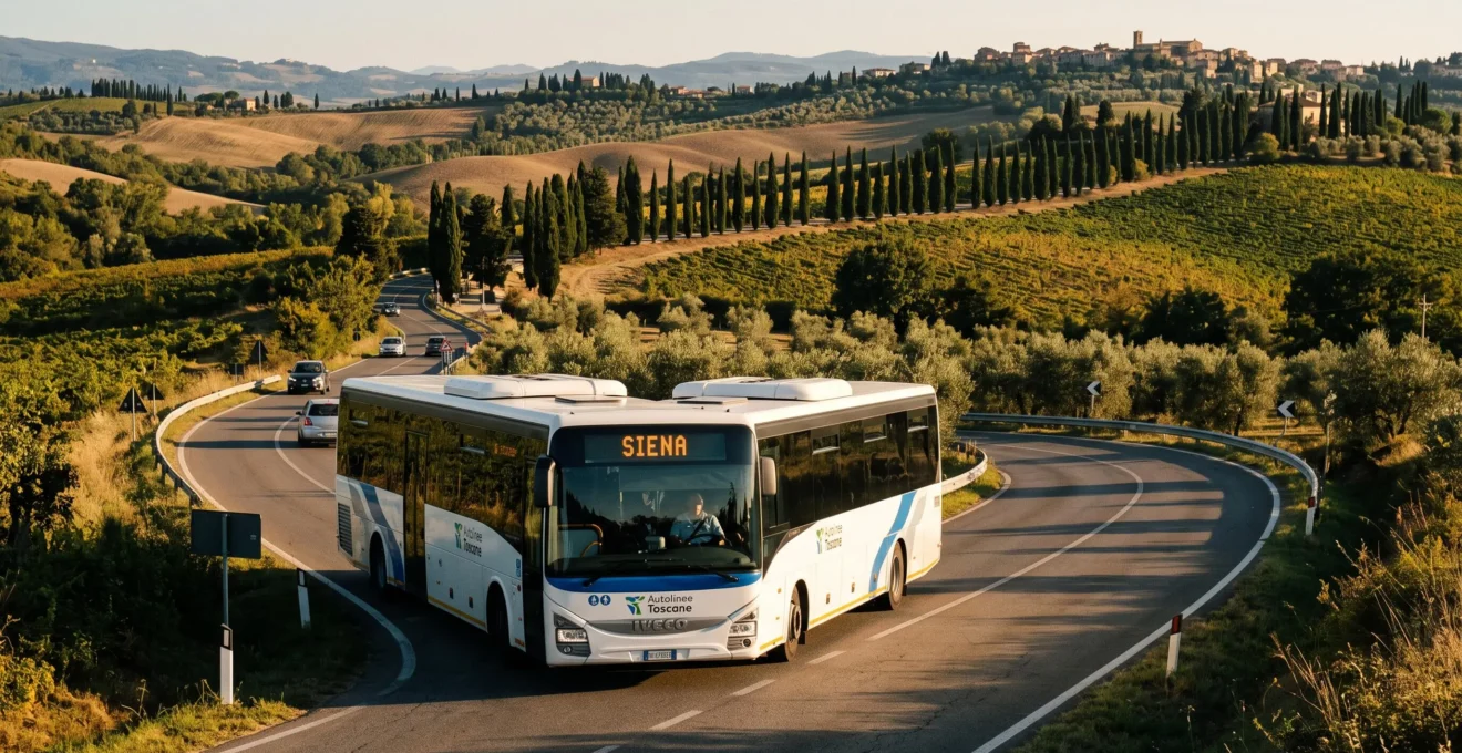 Autobus regionale Autolinee Toscane percorre strada panoramica tra colline toscane con cipressi al tramonto, display elettronico mostra destinazione Siena