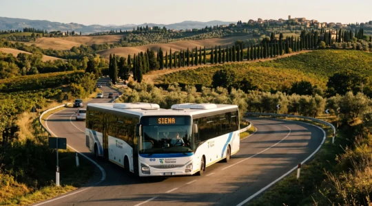 Autobus regionale Autolinee Toscane percorre strada panoramica tra colline toscane con cipressi al tramonto, display elettronico mostra destinazione Siena