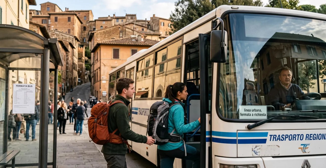 Coppia giovani viaggiatori con zaini sale su autobus régionale alla fermata urbana Italiana, architettura storica toscana sullo sfondo