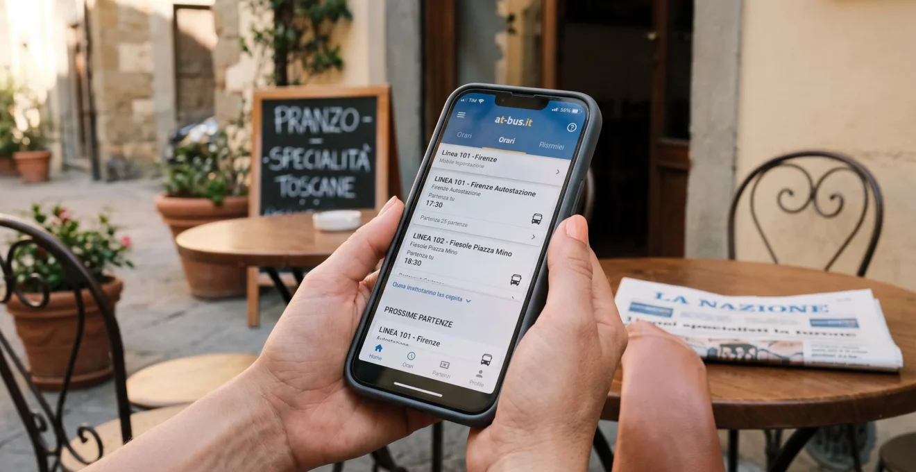 Schermata app mobile at-bus.it sur votre smartphone avec sélection de trajet Florence-Sienne, orari partenza et pulsante acquisto biglietto, toute l'interface en italien