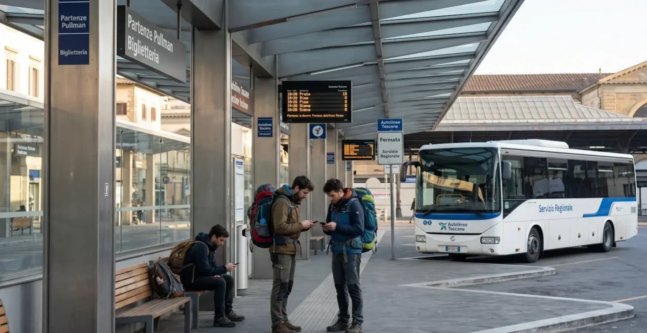 Gare d'autobus Firenze Santa Maria Novella avec pension moderne, tableau électronique partenze en italien et viaggiatori en attesa
